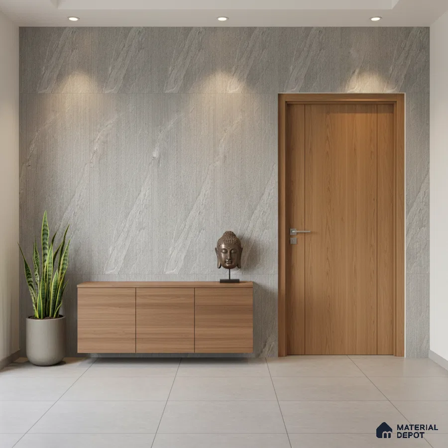 Minimalist foyer with light grey stone wall tiles and natural oak laminate console