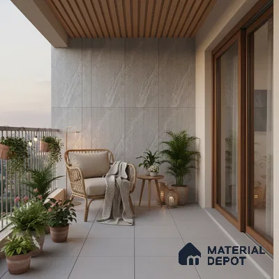 Scandinavian balcony with grey stone wall tiles, beige floor tiles, and wooden ceiling louvers