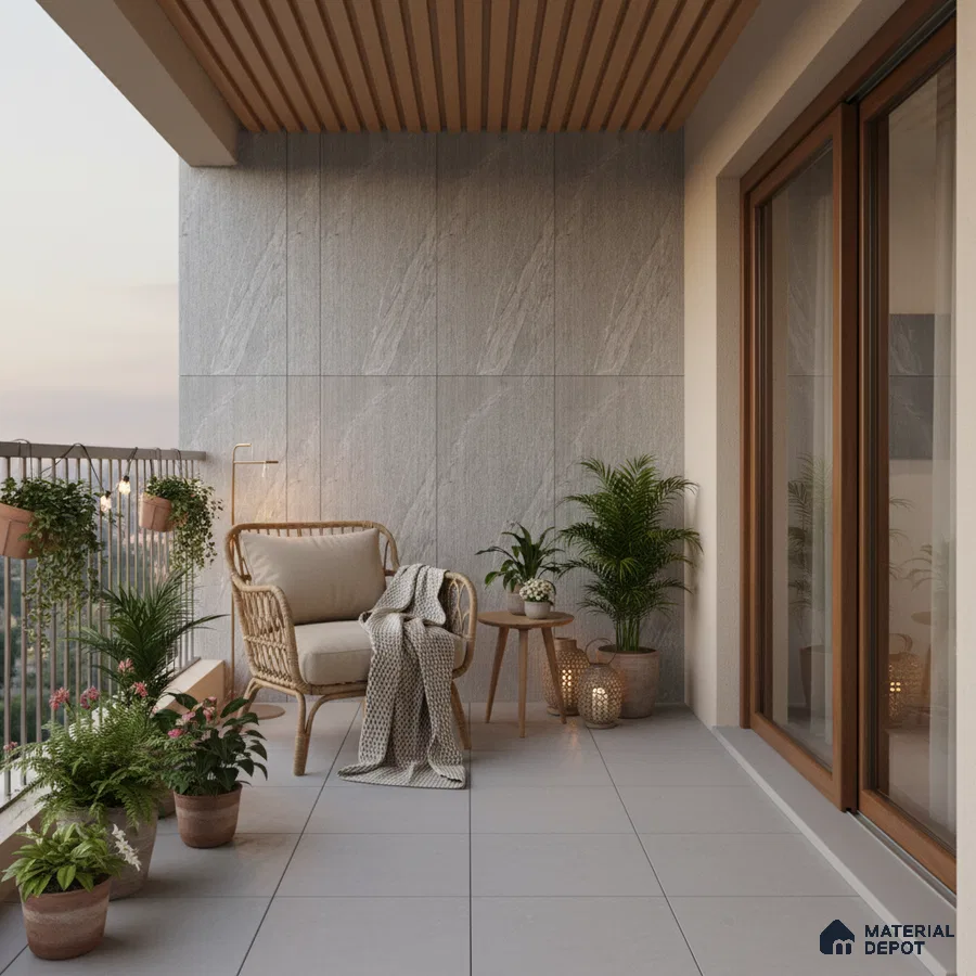 Scandinavian balcony with grey stone wall tiles, beige floor tiles, and wooden ceiling louvers
