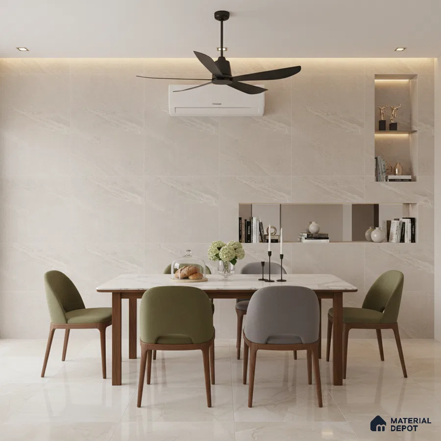 Modern dining room with beige marble wall tiles, marble floor tiles, and wood dining table