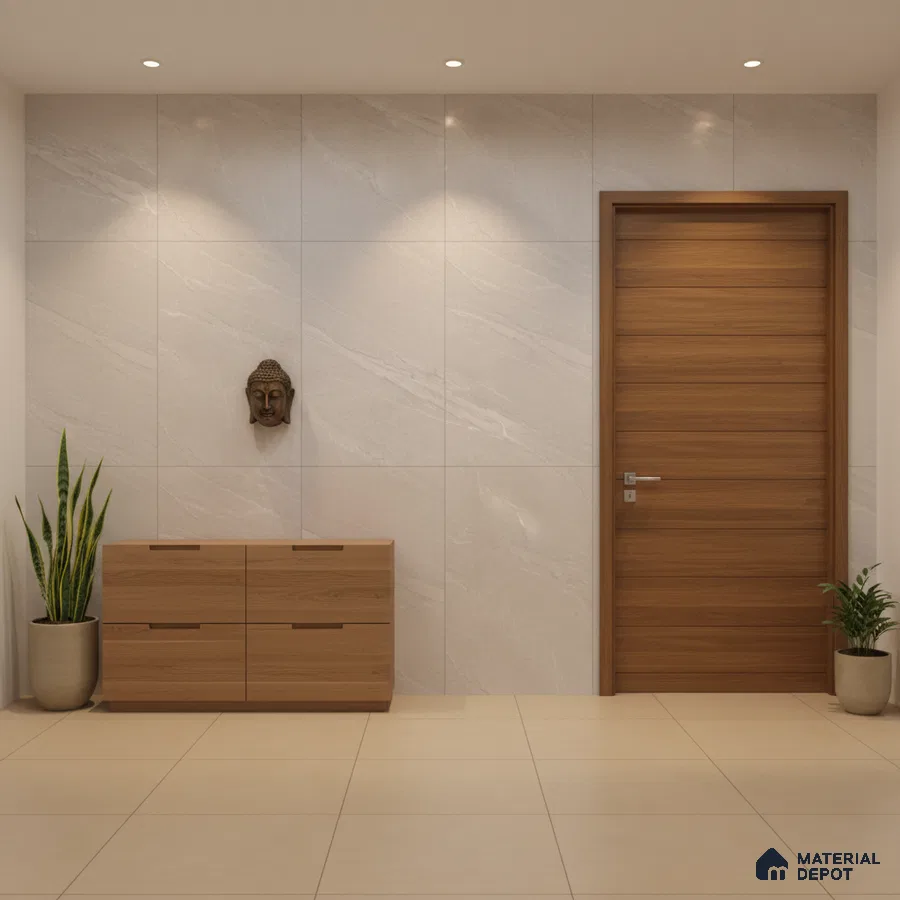 Minimalist foyer with beige marble wall tiles, light wood laminate door, and beige floor tiles