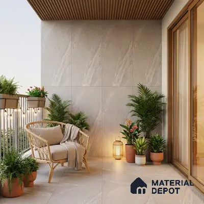 Scandinavian balcony with beige stone tiles, wooden louver ceiling, and natural rattan seating
