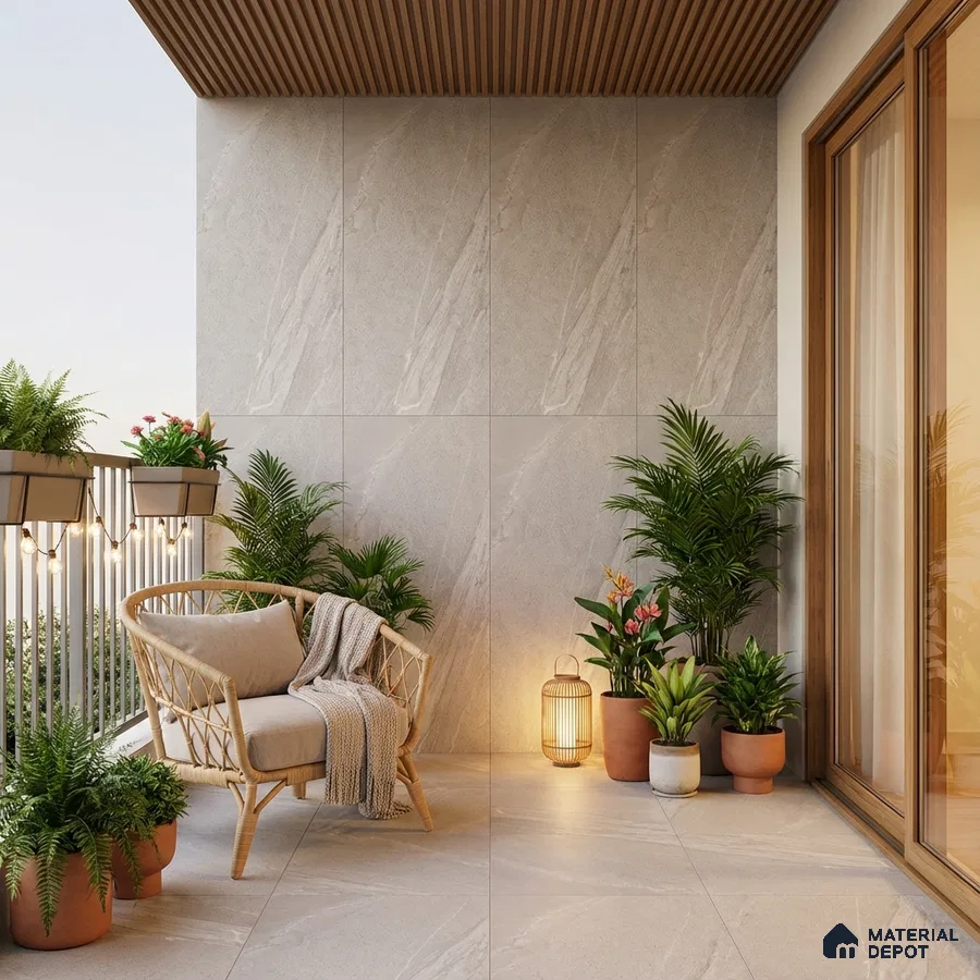 Scandinavian balcony with beige stone tiles, wooden louver ceiling, and natural rattan seating