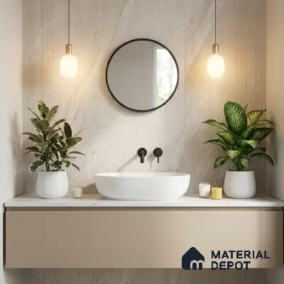 Minimalist bathroom with beige matte vanity, white marble countertop, and textured stone wall tile