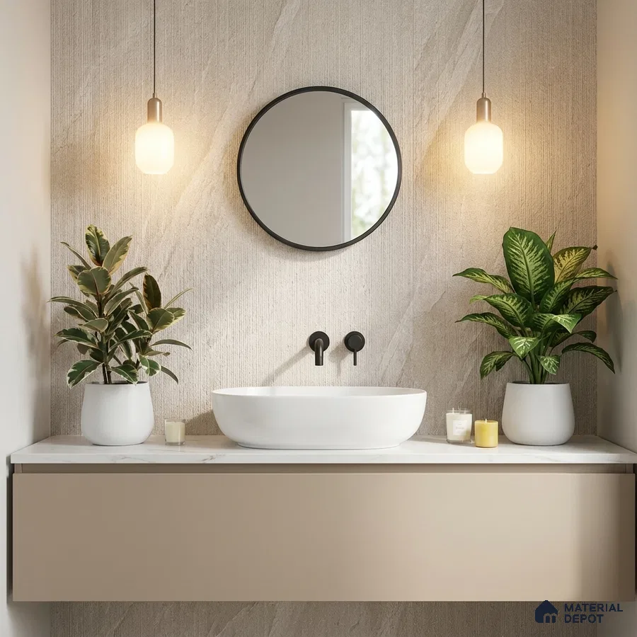 Minimalist bathroom with beige matte vanity, white marble countertop, and textured stone wall tile