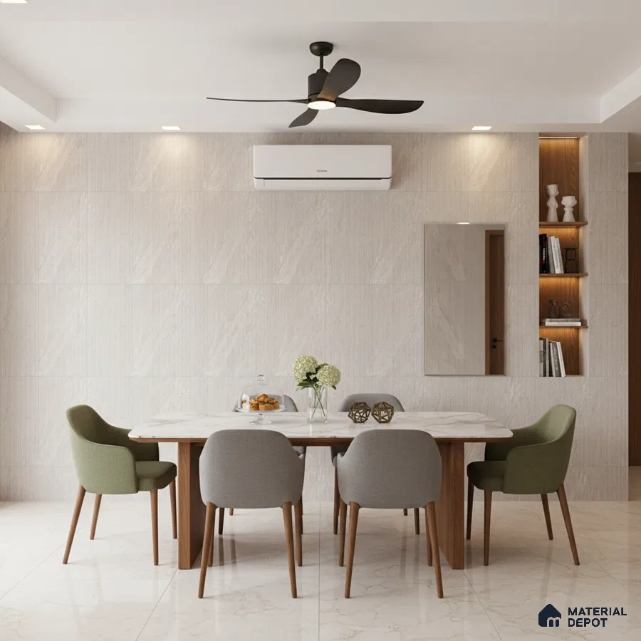 Minimalist dining room with marble-look floor tiles and light beige textured wall tiles