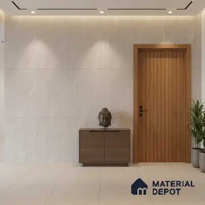 Minimalist foyer with beige textured wall tiles, light wood door, and walnut brown laminate console