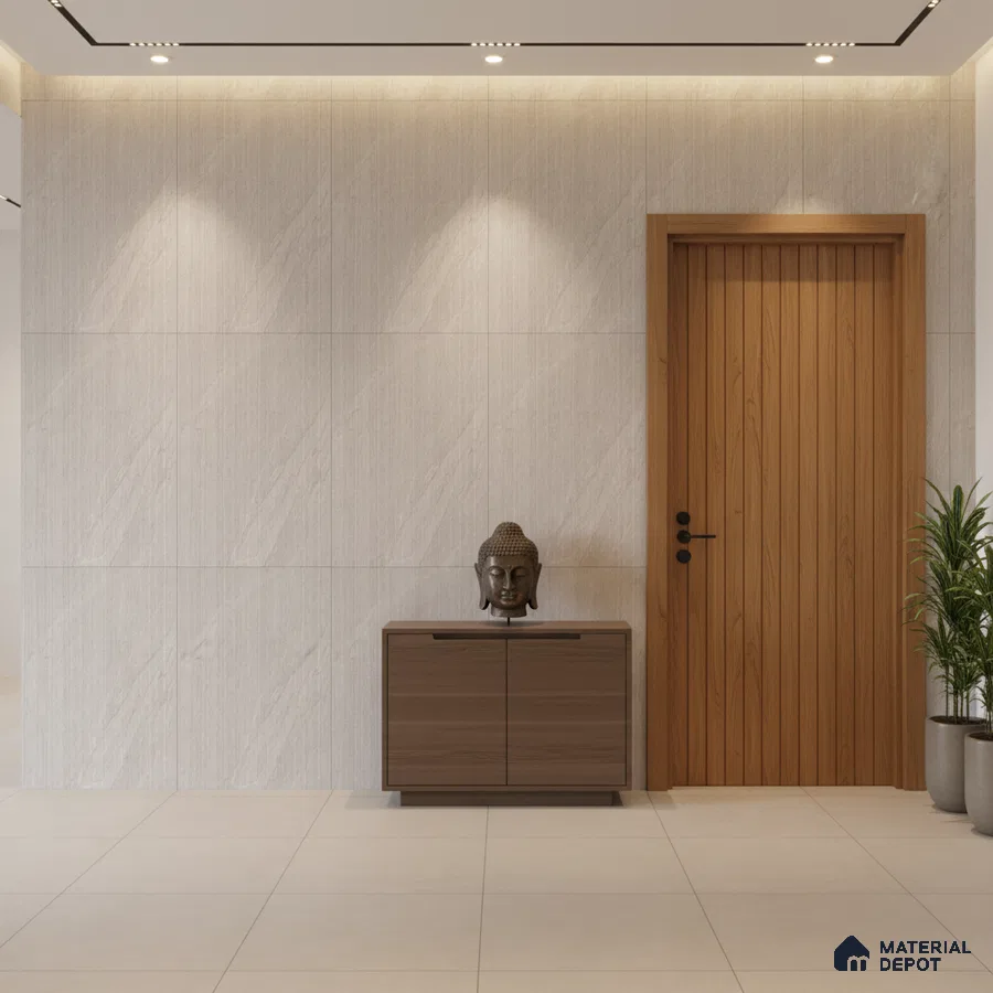 Minimalist foyer with beige textured wall tiles, light wood door, and walnut brown laminate console