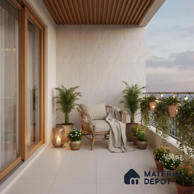 Scandinavian balcony with beige floor tiles, wooden ceiling louvers, and rattan chair