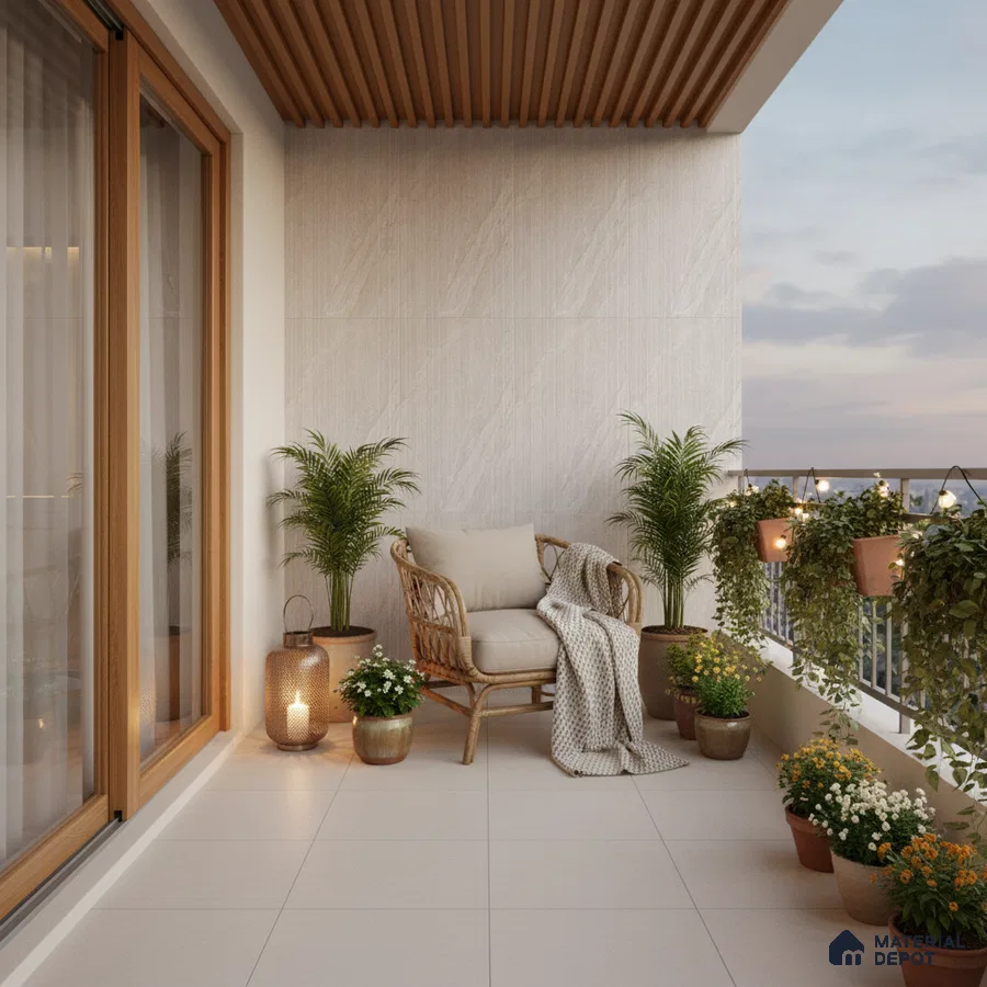 Scandinavian balcony with beige floor tiles, wooden ceiling louvers, and rattan chair