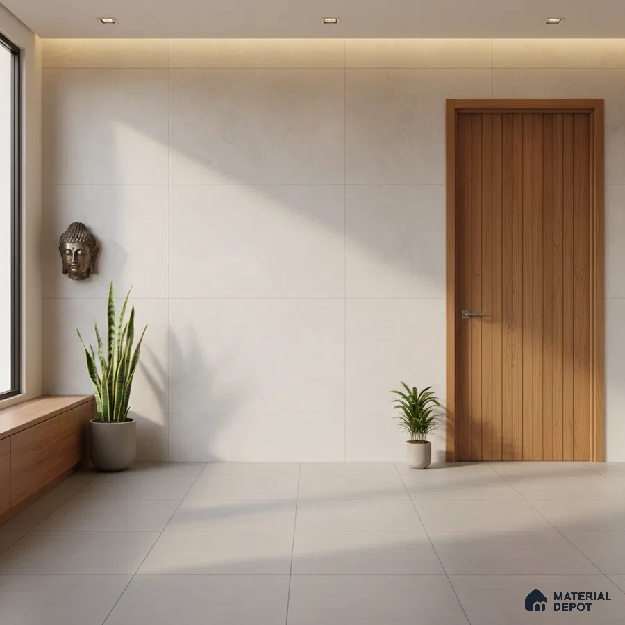 Minimalist foyer with ivory wall tiles, light grey floor tiles, and natural wood door