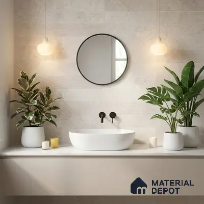 Minimalist bathroom with beige stone wall tiles and white countertop basin
