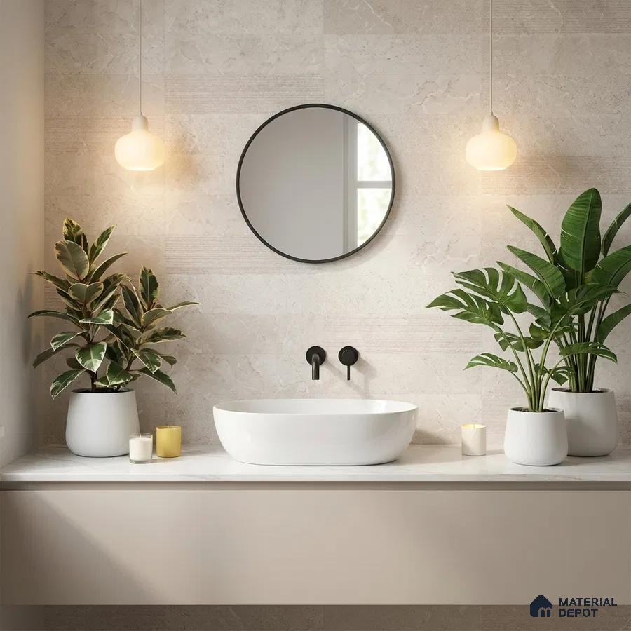 Minimalist bathroom with beige stone wall tiles and white countertop basin