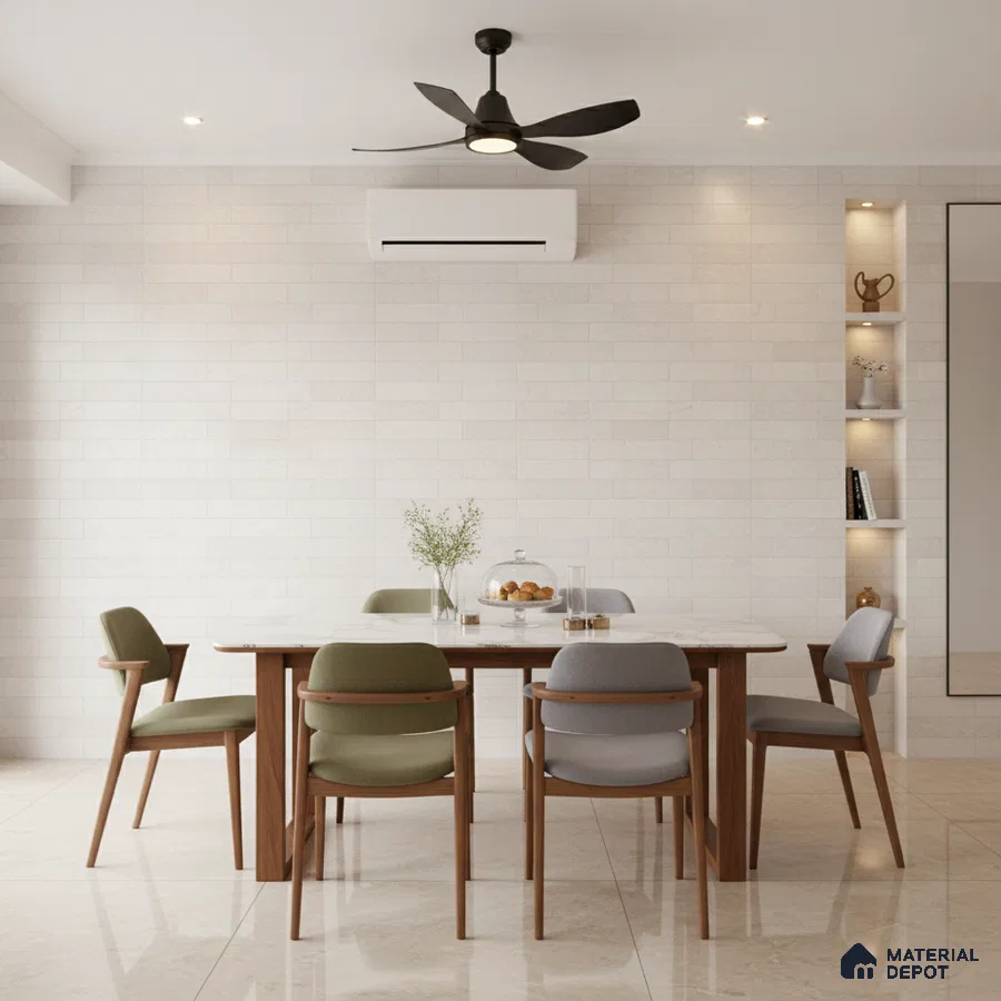 Scandinavian dining room with beige stone wall tiles, marble-look floor tiles, and pastel upholstered chairs