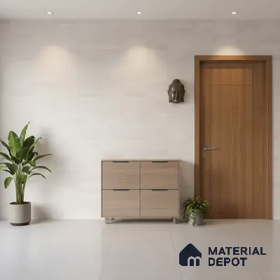 Minimalist foyer with light oak laminate cabinet, white textured wall tile, and large format white floor tiles