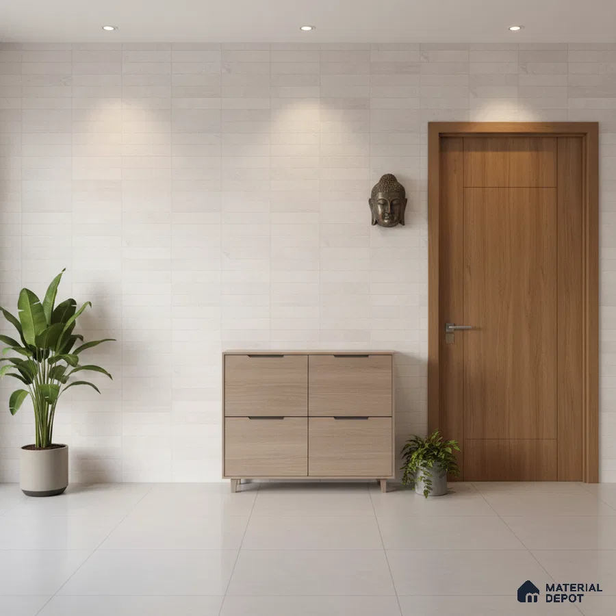 Minimalist foyer with light oak laminate cabinet, white textured wall tile, and large format white floor tiles