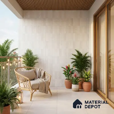 Scandinavian balcony with beige stone wall tiles, light ceramic floor tiles, and wooden ceiling louvers