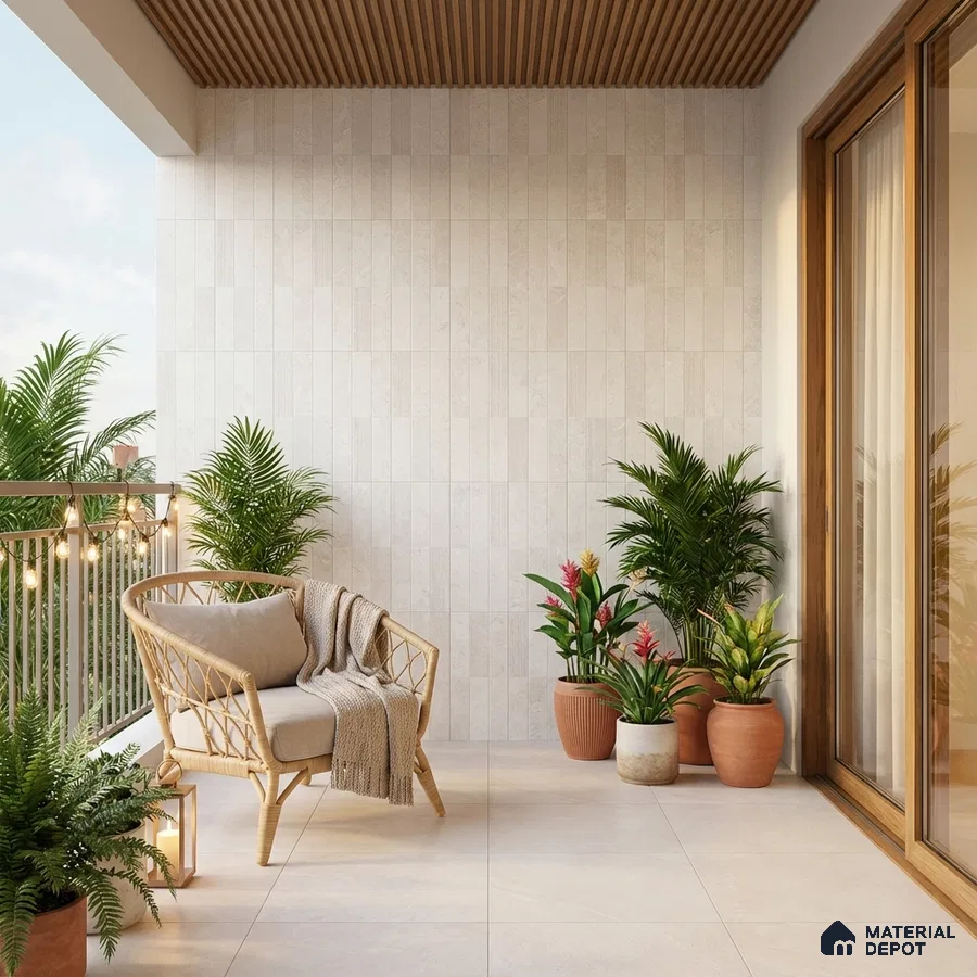 Scandinavian balcony with beige stone wall tiles, light ceramic floor tiles, and wooden ceiling louvers