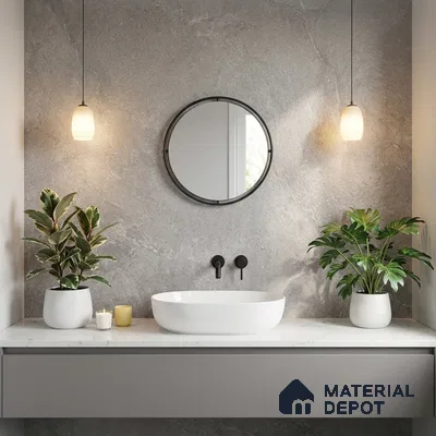 Minimalist bathroom with grey stone wall tile and white marble countertop
