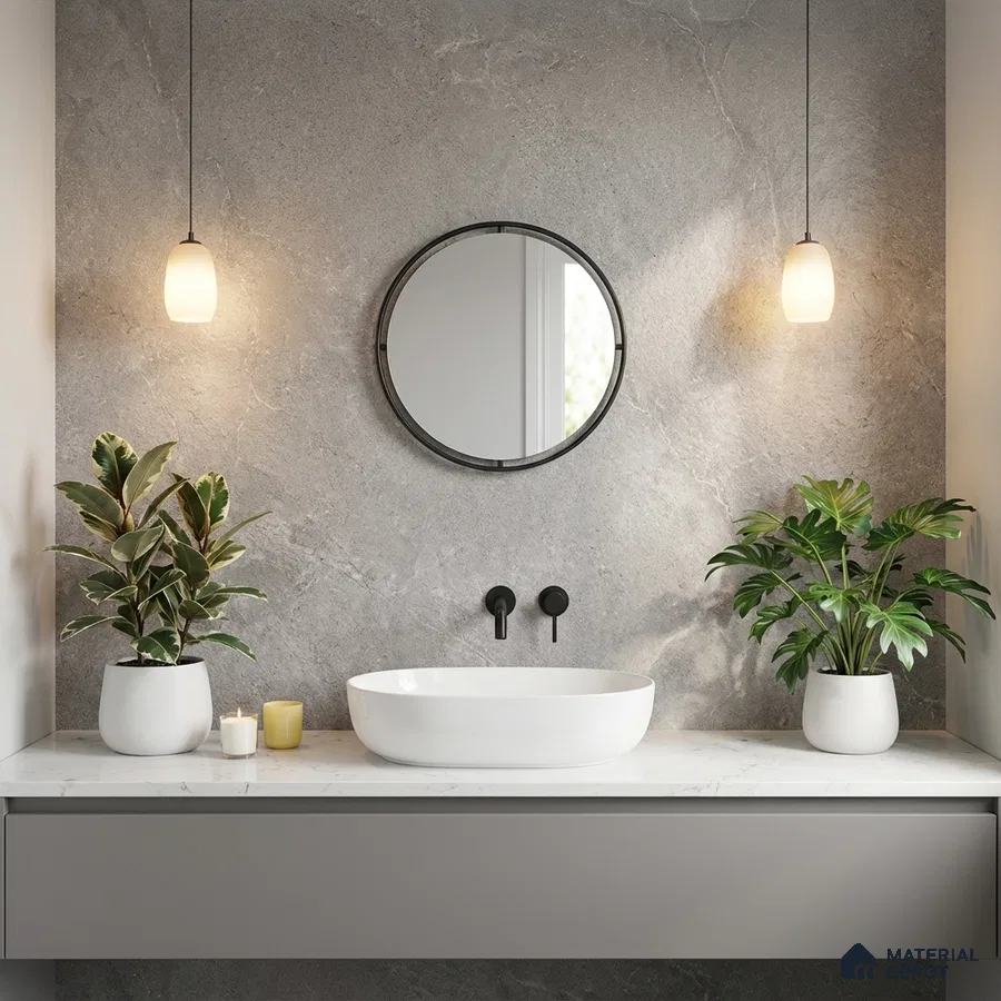 Minimalist bathroom with grey stone wall tile and white marble countertop