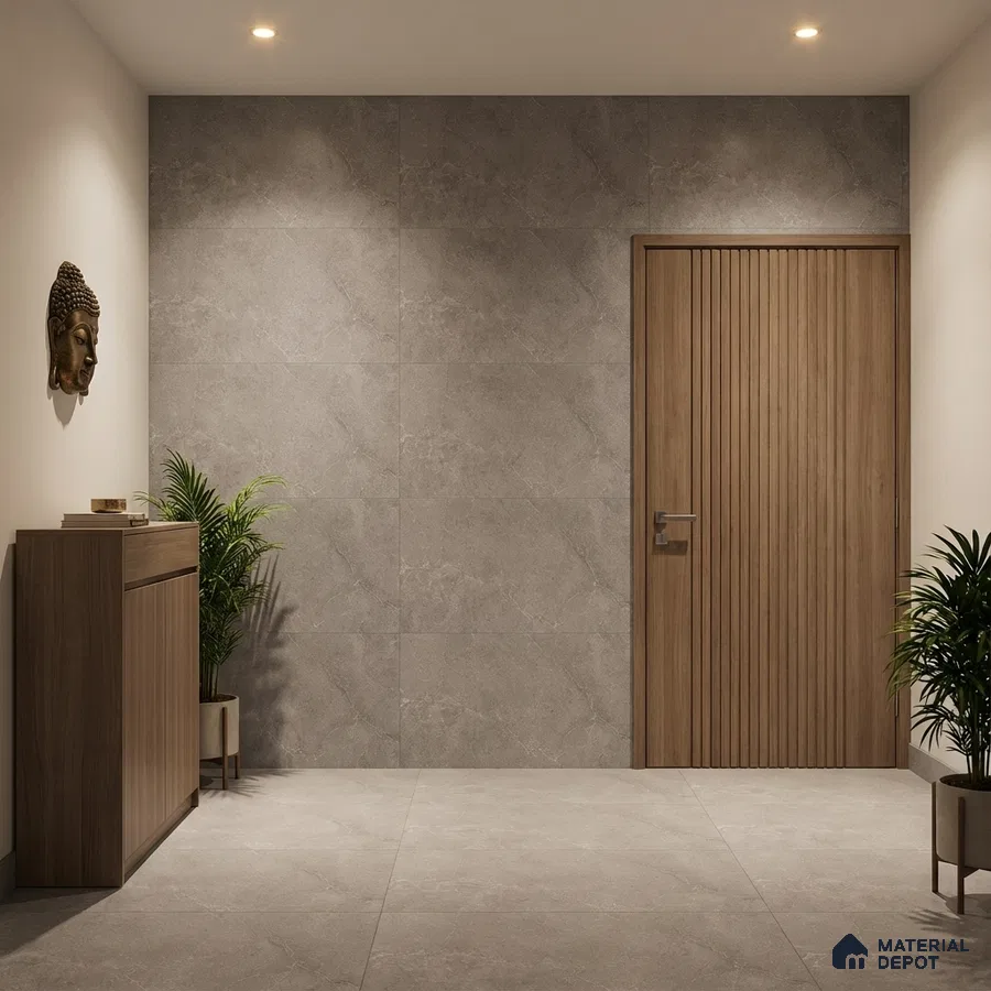 Minimalist foyer with grey stone wall tiles, wooden louvered door, and taupe stone floor tiles