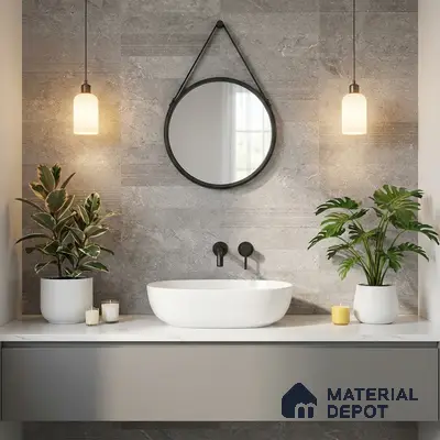 Minimalist bathroom with grey stone wall tiles and white quartz countertop