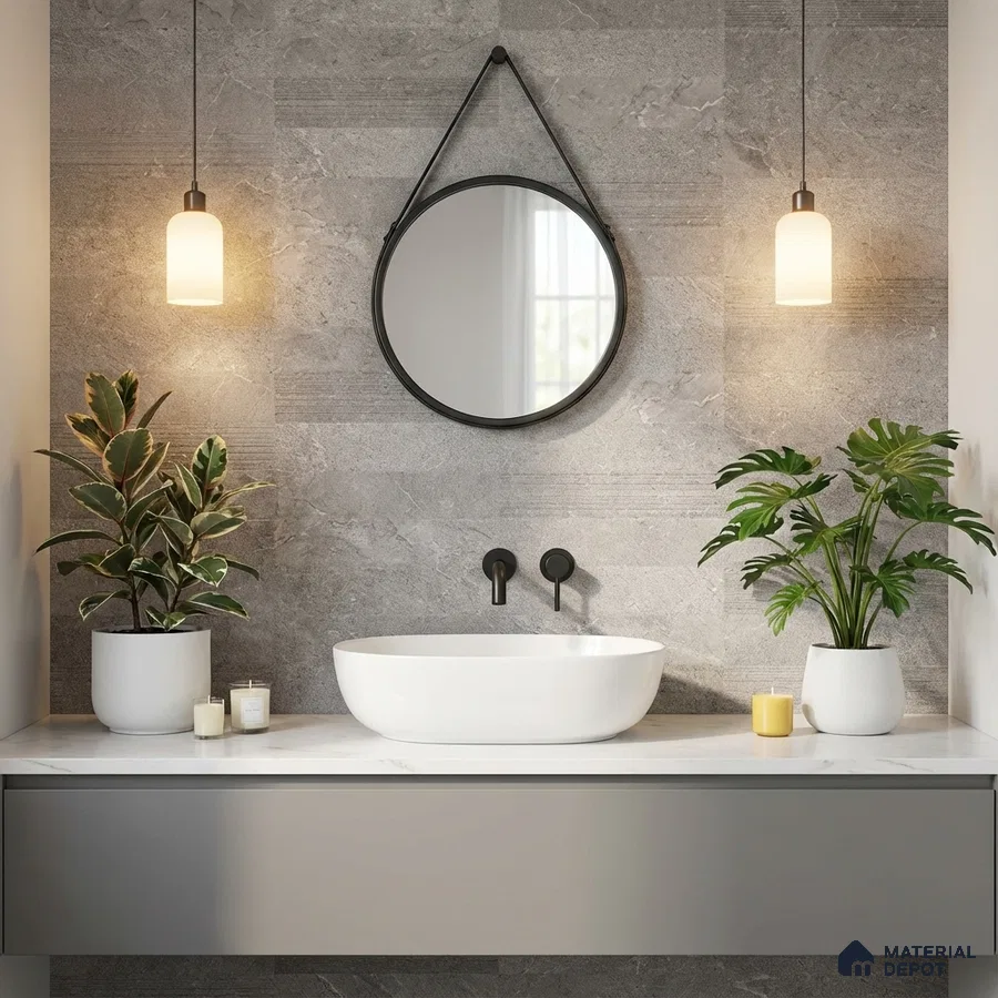 Minimalist bathroom with grey stone wall tiles and white quartz countertop