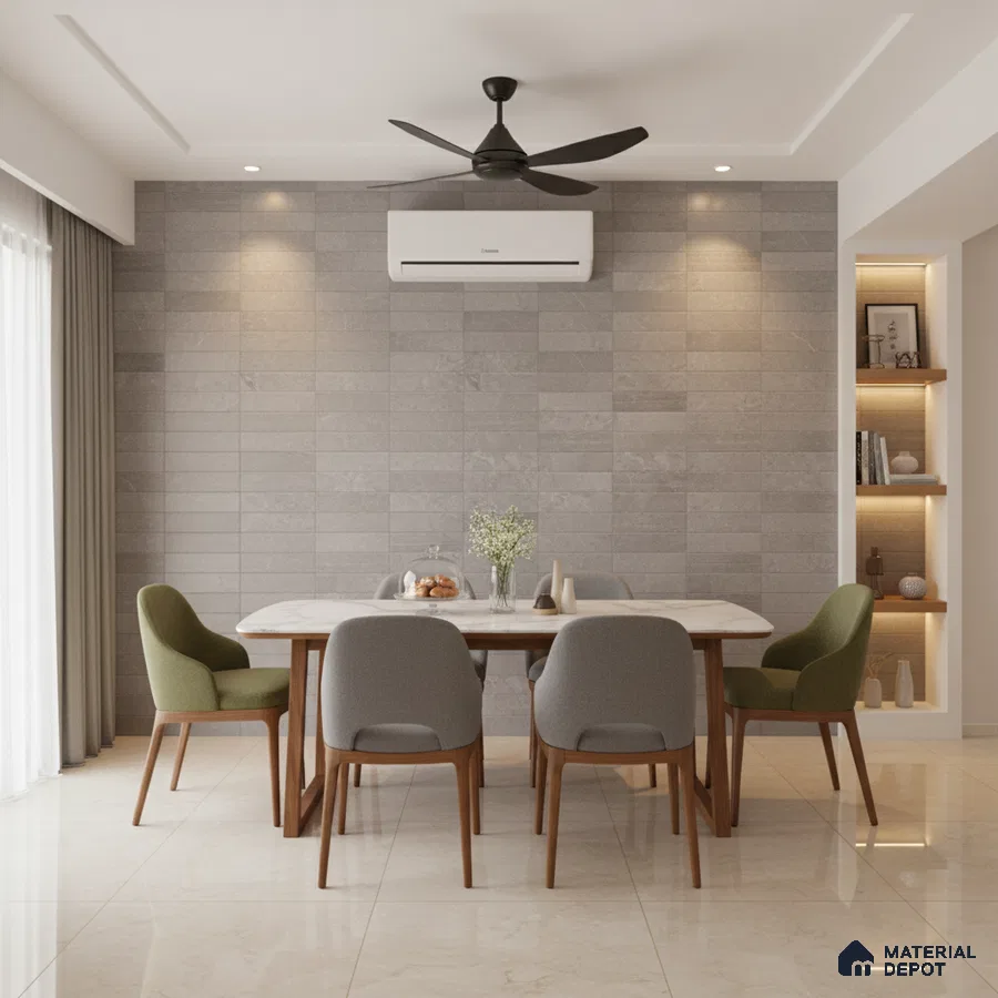 Modern dining room with grey stone wall tiles, marble tabletop, and beige floor tiles