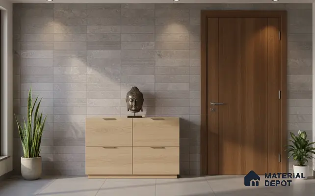 Minimalist foyer with light oak laminate console, grey stone wall tiles, and wooden door