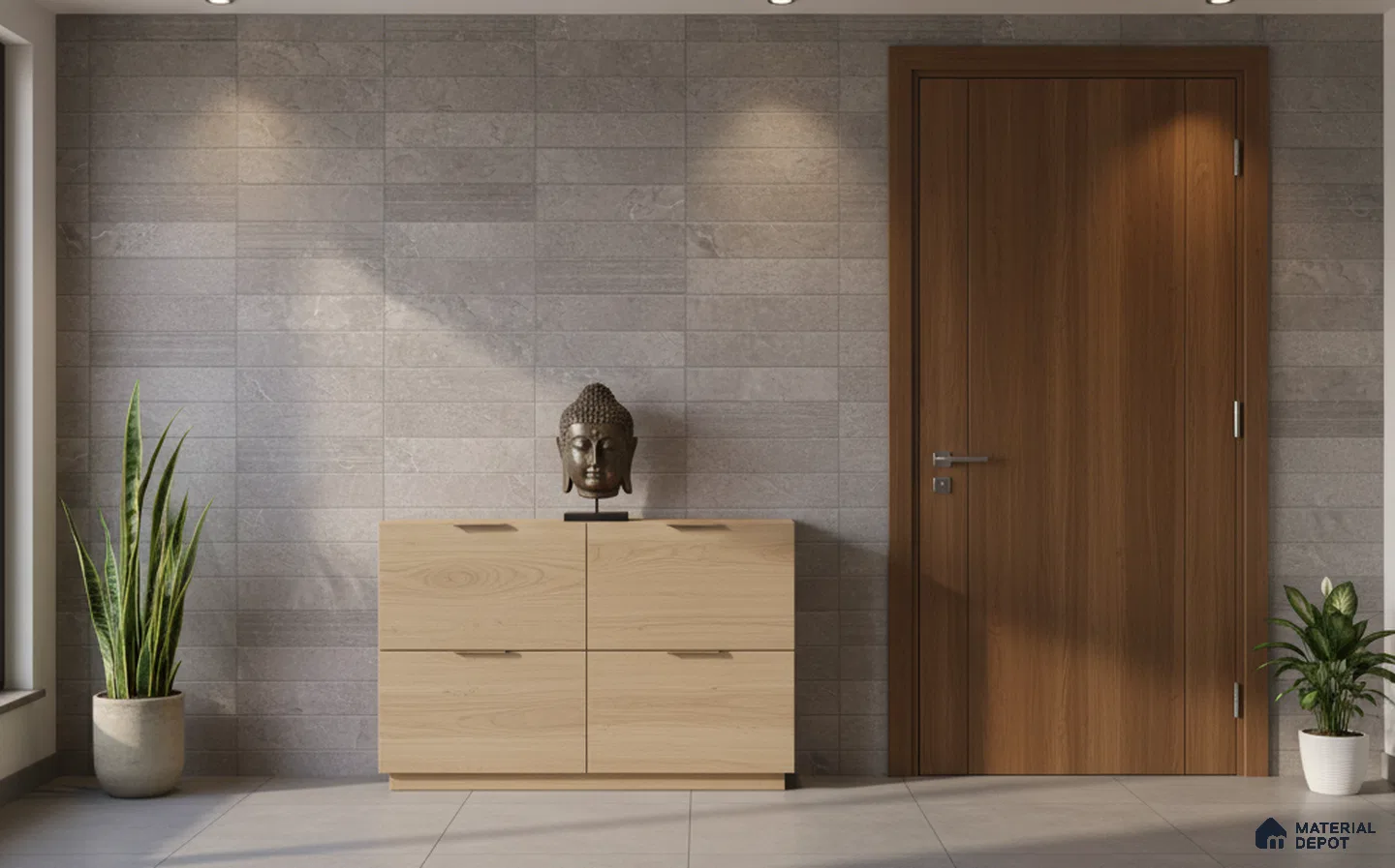 Minimalist foyer with light oak laminate console, grey stone wall tiles, and wooden door