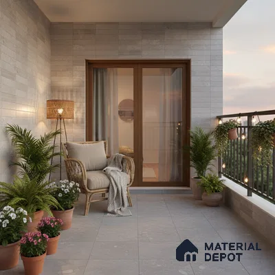 Scandinavian balcony with grey stone wall tiles, matte grey floor tiles, and rattan furniture