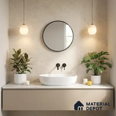 Minimalist bathroom with beige marble wall tile and white quartz countertop vanity