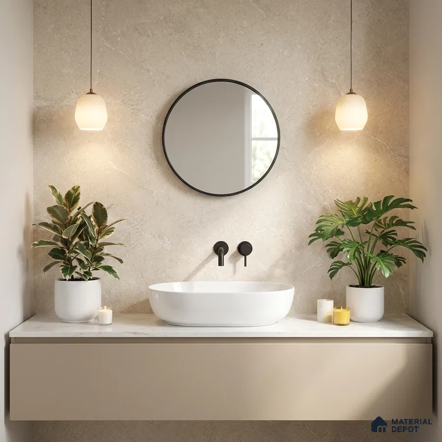 Minimalist bathroom with beige marble wall tile and white quartz countertop vanity