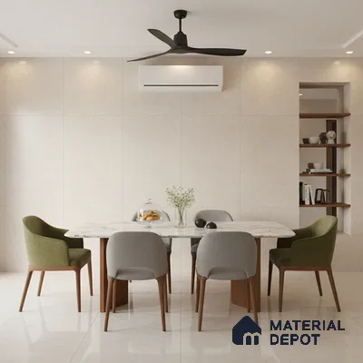 Minimalist dining room with beige marble wall tiles, white marble tabletop, and wooden leg chairs