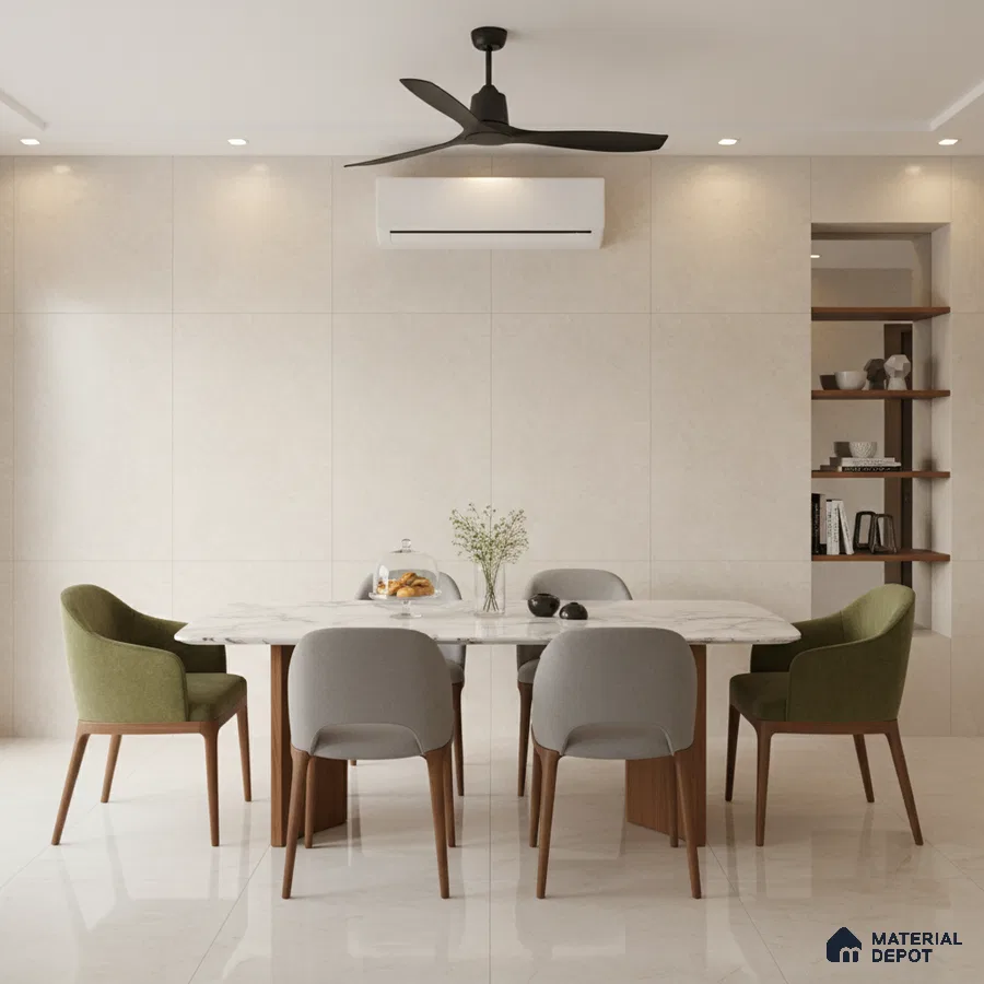 Minimalist dining room with beige marble wall tiles, white marble tabletop, and wooden leg chairs