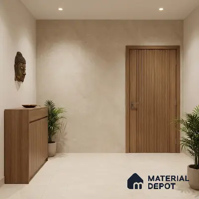 Minimalist foyer with beige stone tiles, light oak wood laminate console, and fluted wooden door
