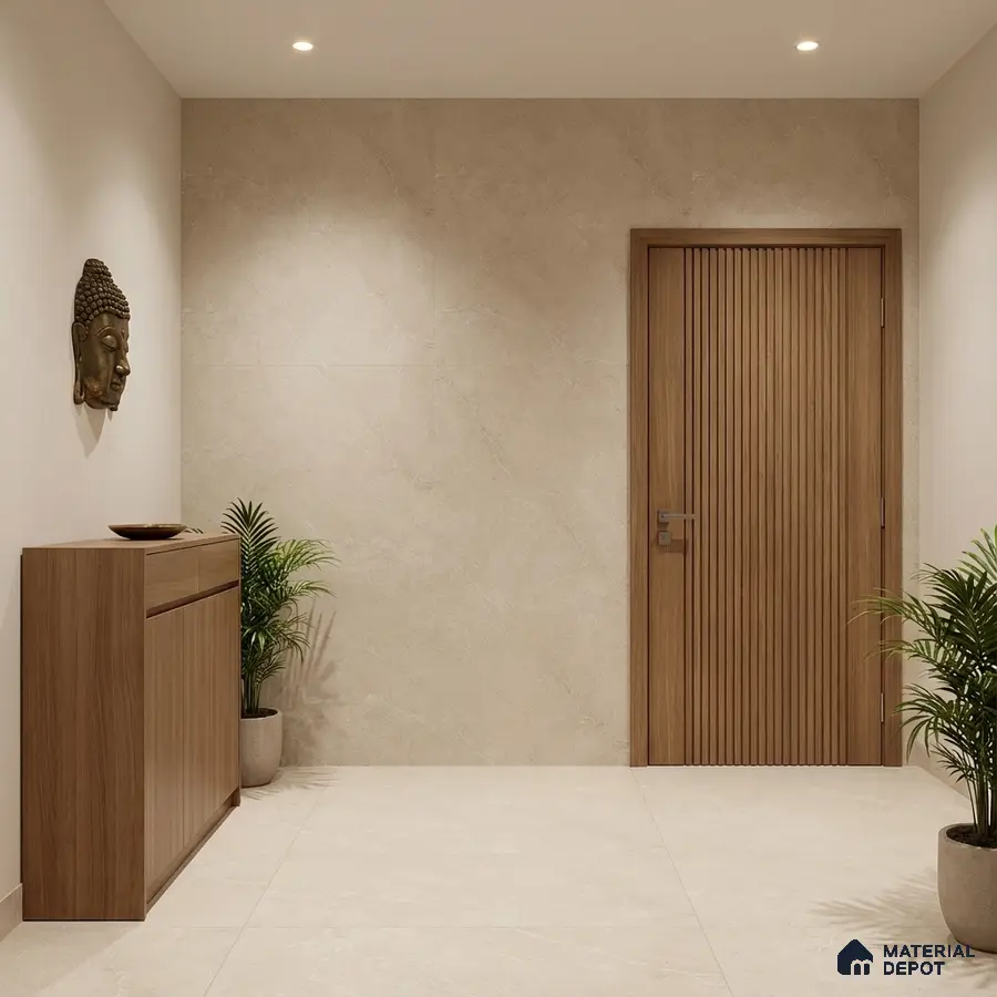 Minimalist foyer with beige stone tiles, light oak wood laminate console, and fluted wooden door