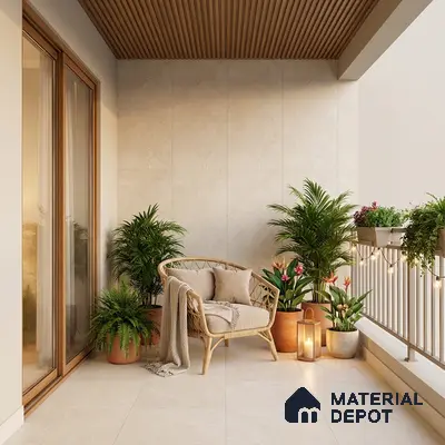 Scandinavian balcony with beige stone floor tiles, wood louver ceiling, and neutral wall tiles