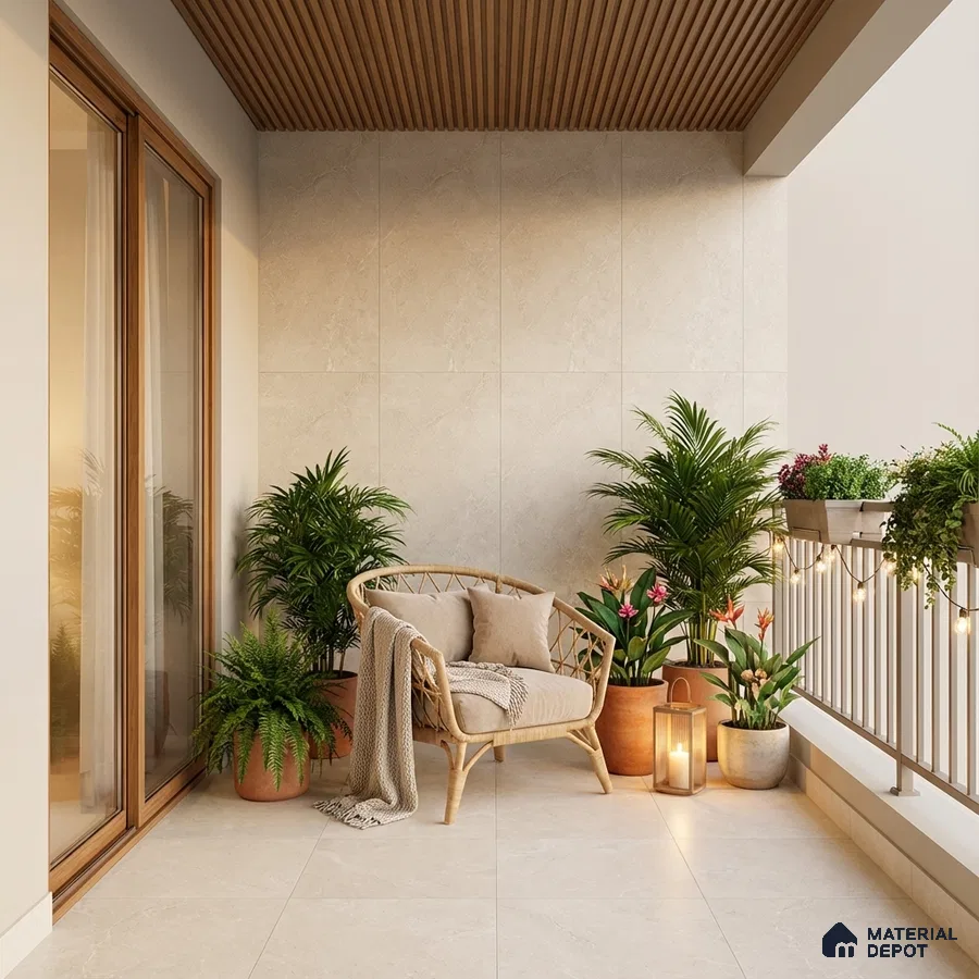Scandinavian balcony with beige stone floor tiles, wood louver ceiling, and neutral wall tiles