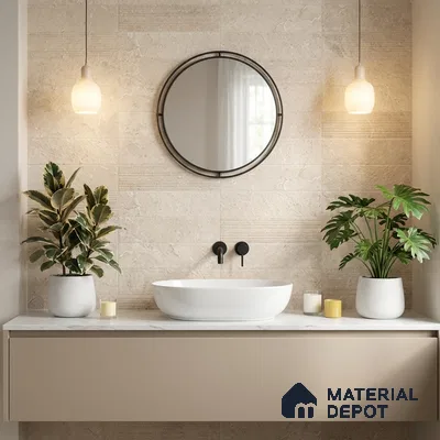 Minimalist bathroom with beige textured wall tiles and matte beige vanity