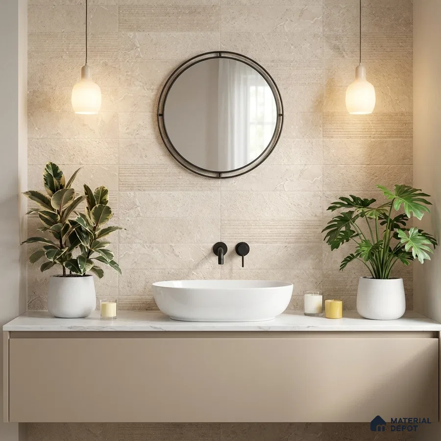 Minimalist bathroom with beige textured wall tiles and matte beige vanity