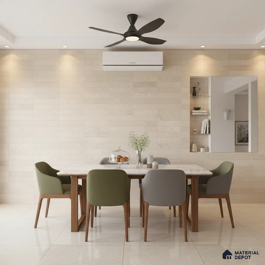 Modern dining room with beige stone wall tiles, marble tabletop, and wooden dining chairs