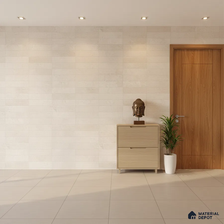 Minimalist foyer with beige stone wall tiles, light wood laminate door, and neutral floor tiles