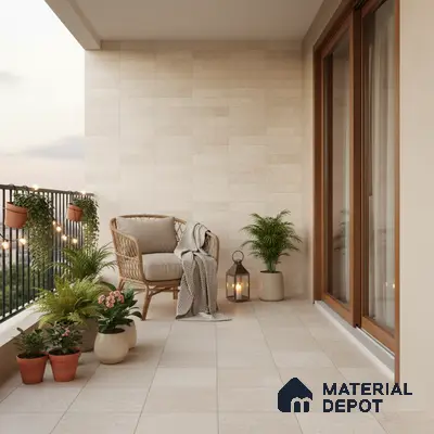 Scandinavian balcony with beige stone-look wall and floor tiles and rattan chair