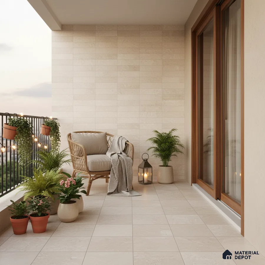 Scandinavian balcony with beige stone-look wall and floor tiles and rattan chair