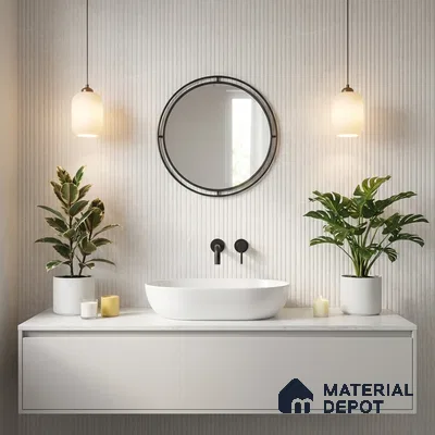 Minimalist bathroom with white fluted wall tiles and floating vanity with white countertop