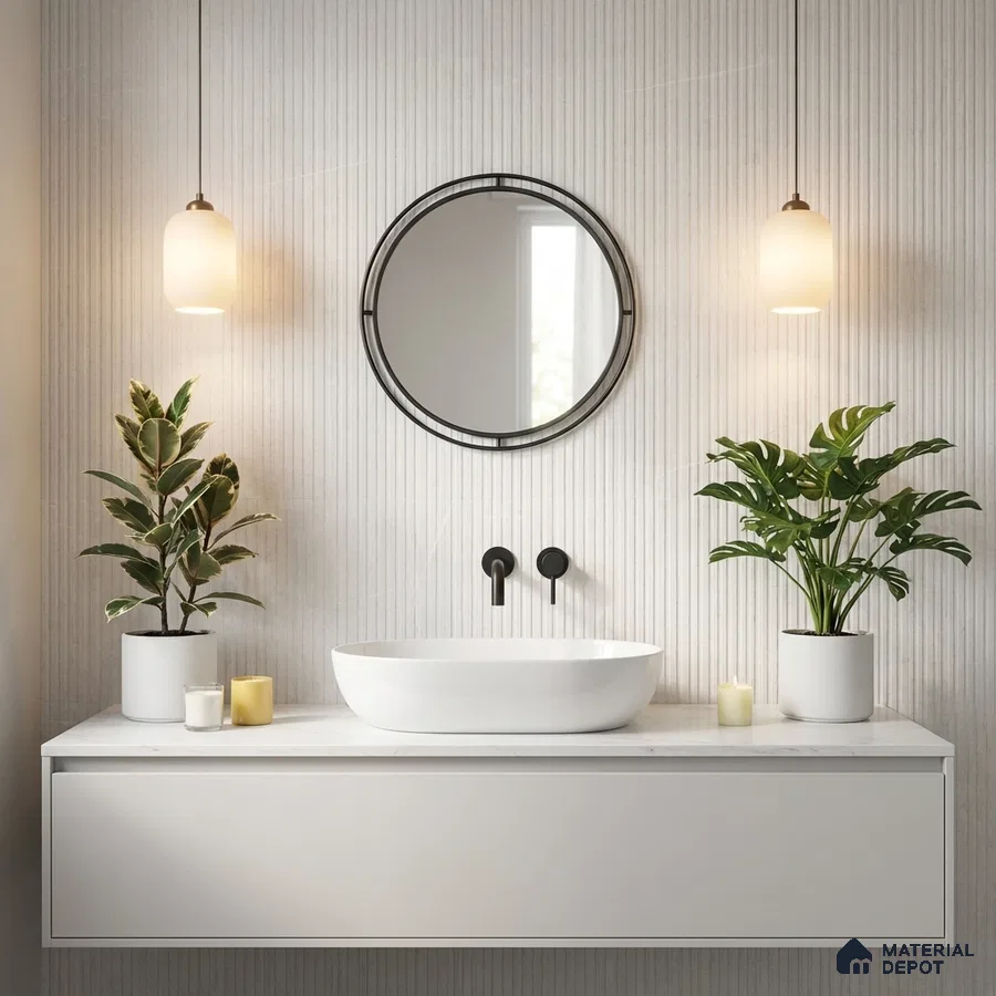 Minimalist bathroom with white fluted wall tiles and floating vanity with white countertop