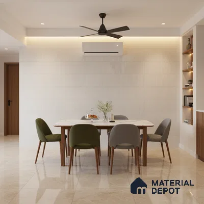 Modern dining room with beige marble floor tiles and white textured wall tiles
