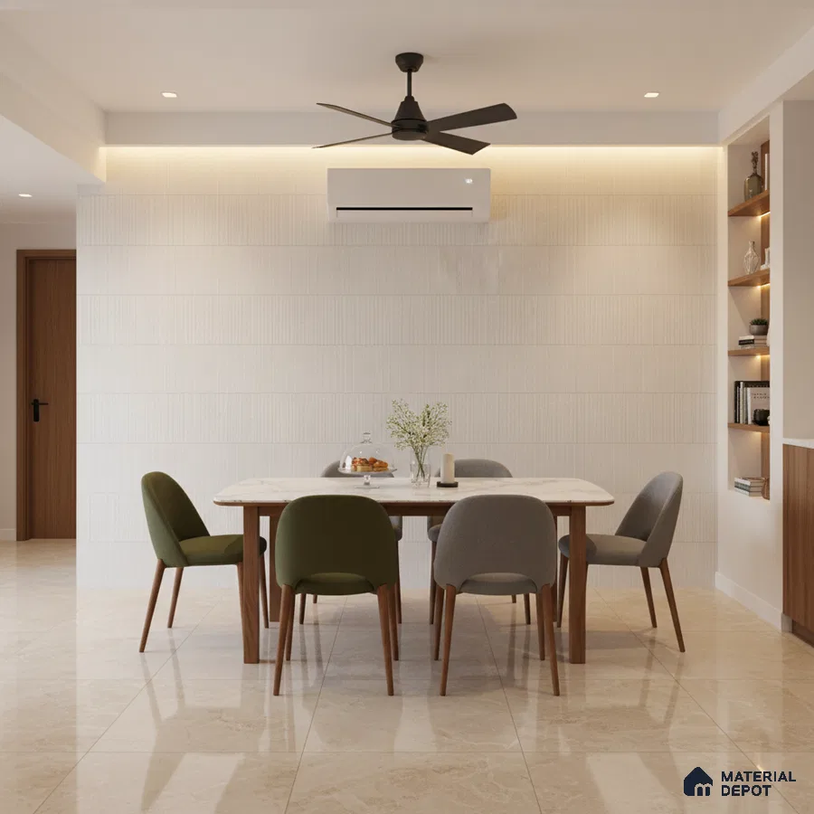 Modern dining room with beige marble floor tiles and white textured wall tiles