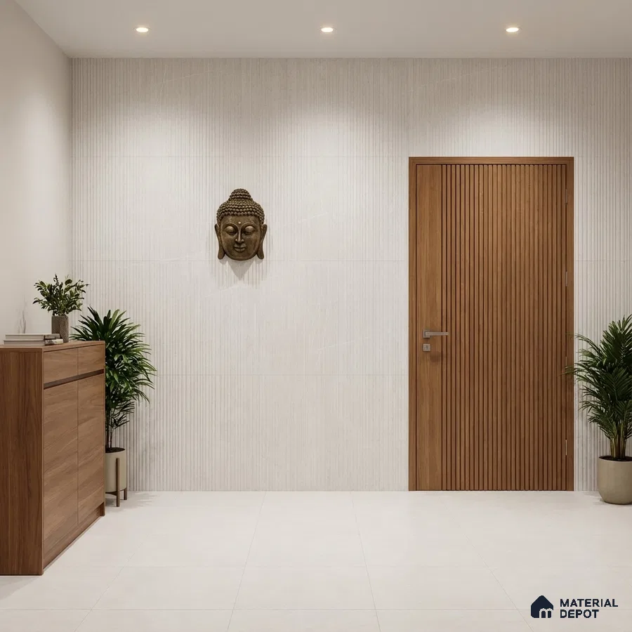 Minimalist foyer with walnut wood laminate, fluted door, and off-white textured wall tile